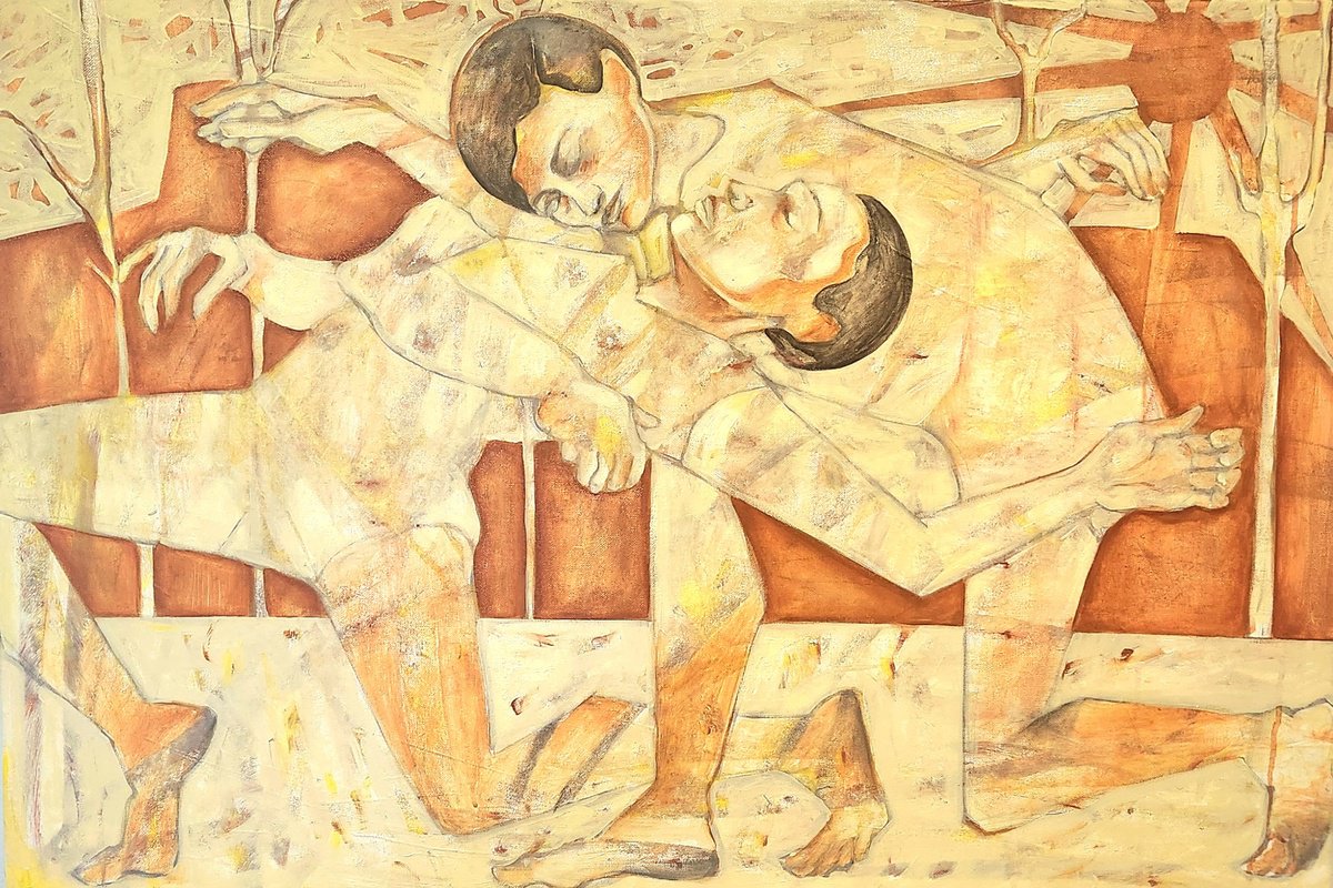 Expressive Portrait Oil Painting By Anahita Amouzegar, 37 X 25, Held By Warmth, Original Artwork