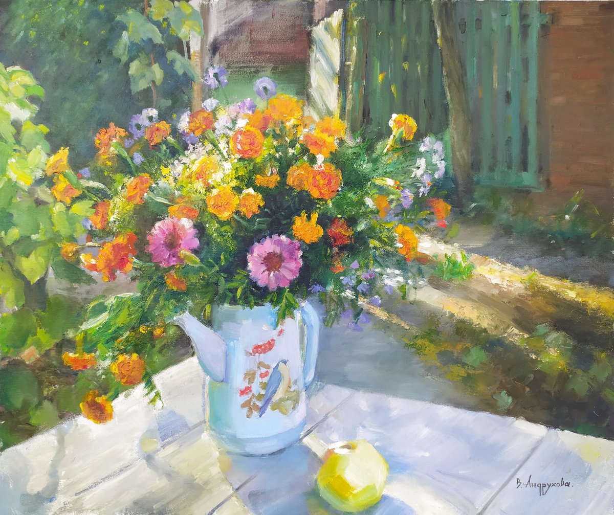 Still Life Oil Painting By Valentina Andrukhova, 24 X 20", Flowers In The Village, Original Artwork