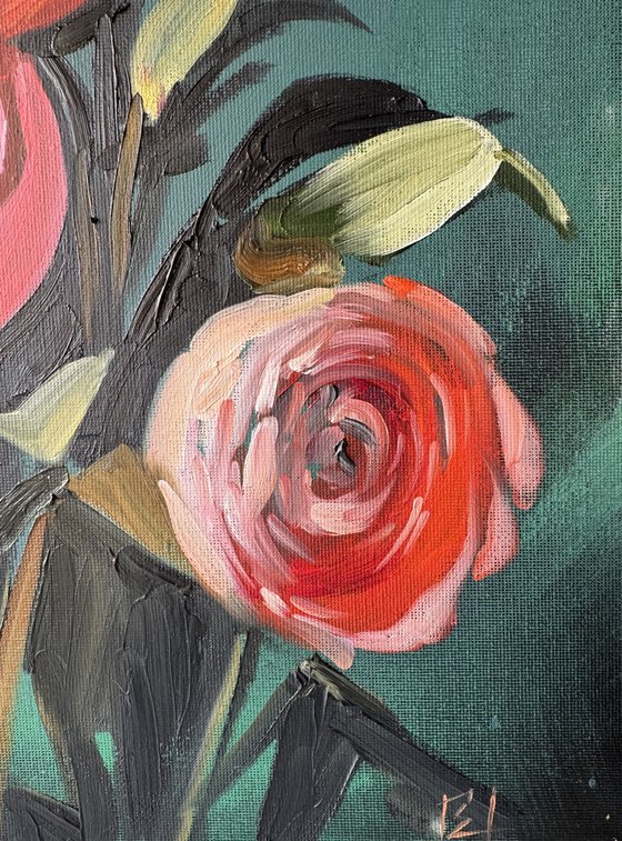 Dramatic Pink Peonies on Dark Teal