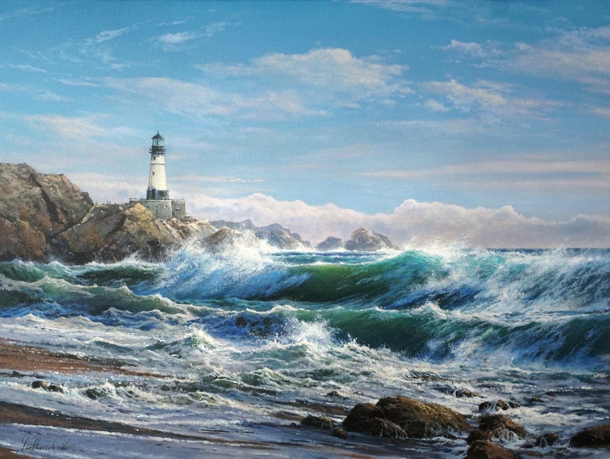 Photorealistic Landscape Acrylic Painting By Viktar Yushkevich Yuvart, 28 X 20", Winner Of Storms, Original Artwork