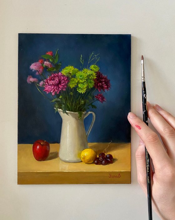 Small Floral Still Life Oil Painting. Kitchen decor.