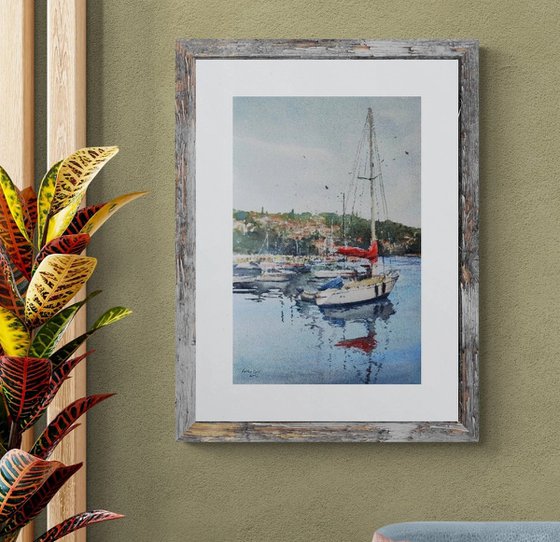 Croatia Opatija sailboat port watercolor painting (2023), Nautical wall art, Mediterranean Europe Impressionistic