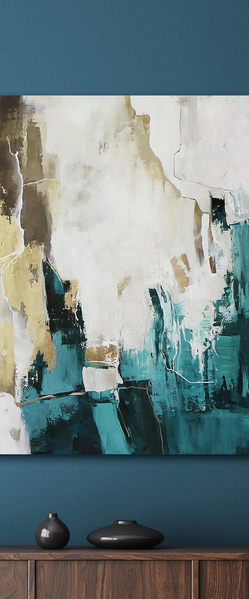 "Teal Flood 2" Teal gold abstract acrylic art by Yana Sagan