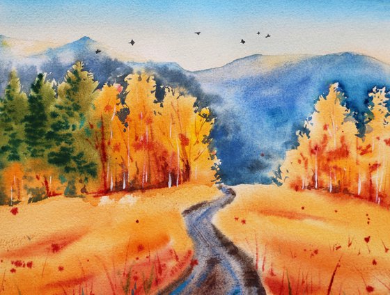 Colorful autumn landscape. The road to the mountains. Original watercolor artwork.