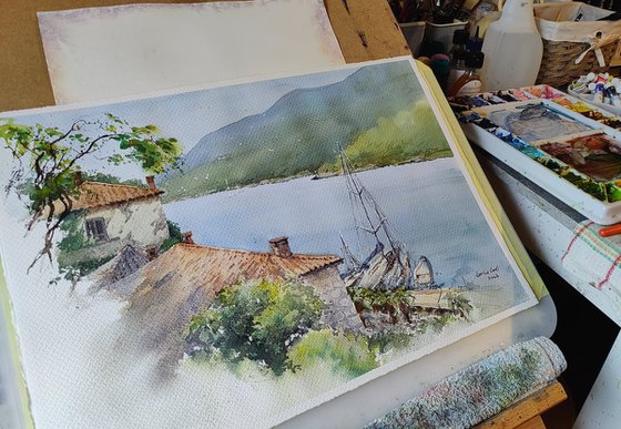 Croatia Rabac, The heart of Istria, Rabac, Croatia Original Hand-painted watercolor artwork, Mediterranean art, Impressionistic coastal