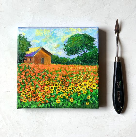 House in flower field ! Miniature Painting!!  Ready to hang