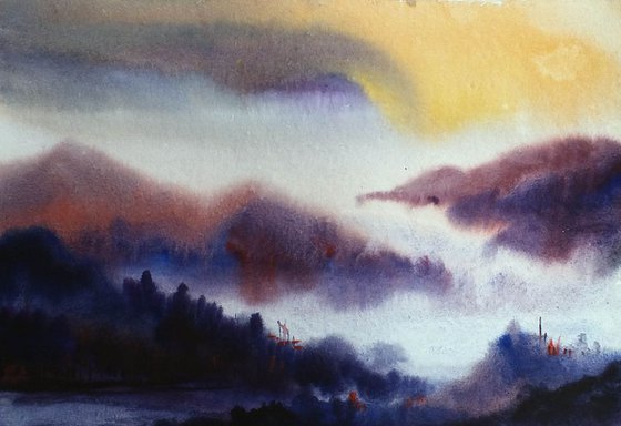 Cloudy Evening Mountain - Watercolor Painting