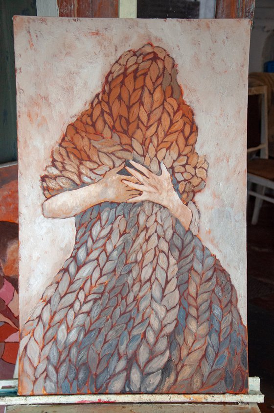 Peace is an illusion - Original Figurative Faceless Woman Portrait Original Oil Painting on Canvas