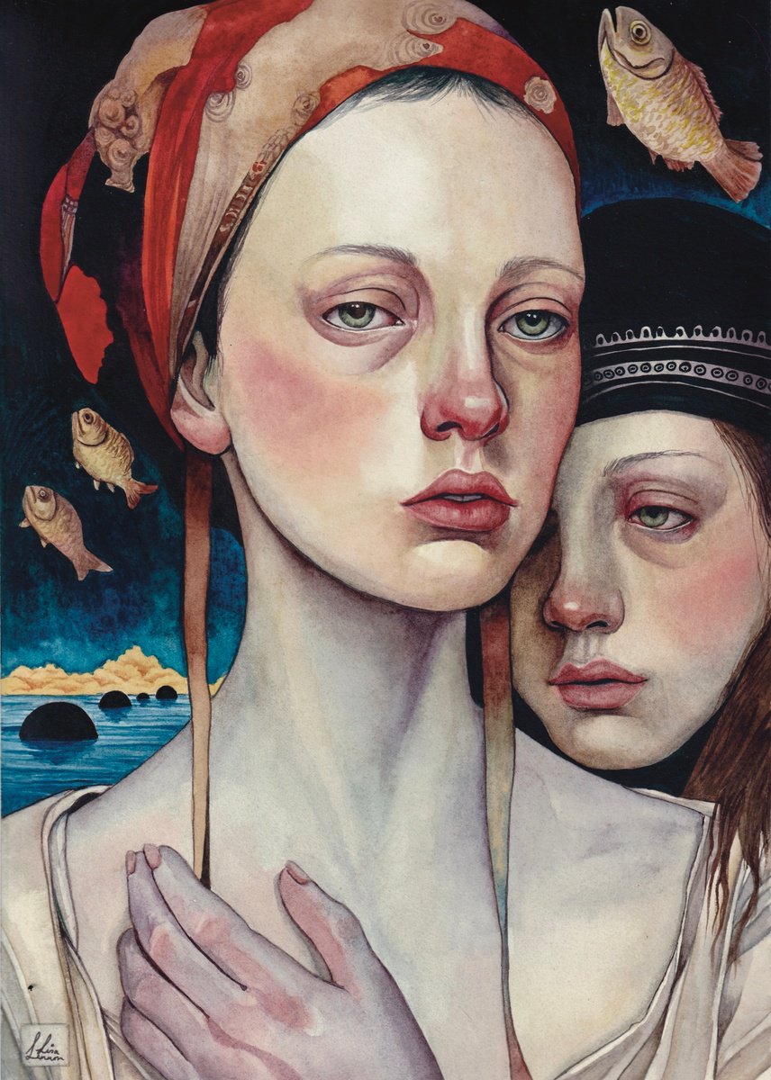 Surrealistic Portrait Watercolour By Lisa Lennon, 9 X 13", We Journeyed Far, Original Artwork