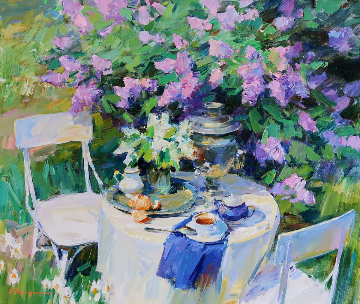Impressionistic Botanical Oil Painting By Aleksandr Kryushyn, 31 X 28, In The Spring Garden, Original Artwork
