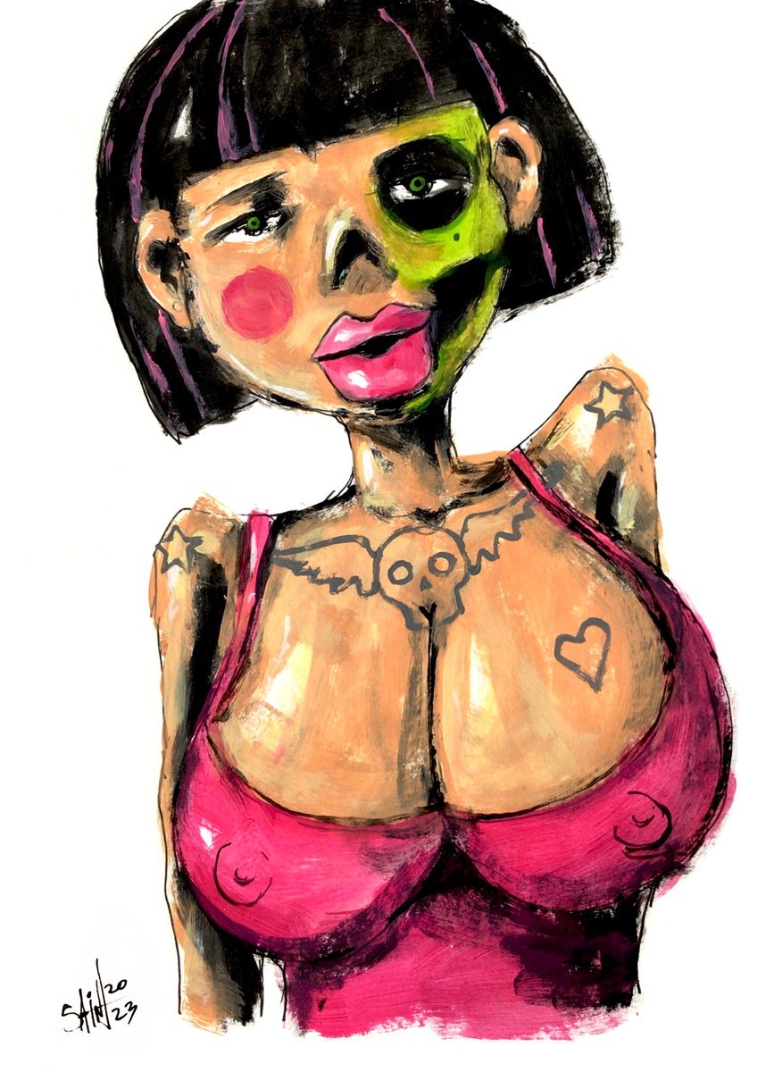 #118 Zombie fashion girl portrait painting original art, Horror Naive Outsider Folk Art Br... by Ruslan Aksenov