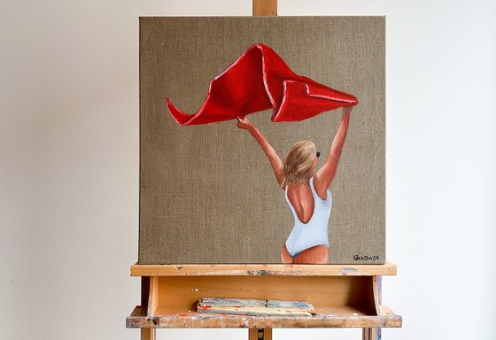 Girl with Red Towel - Woman on Beach Female Figure Painting