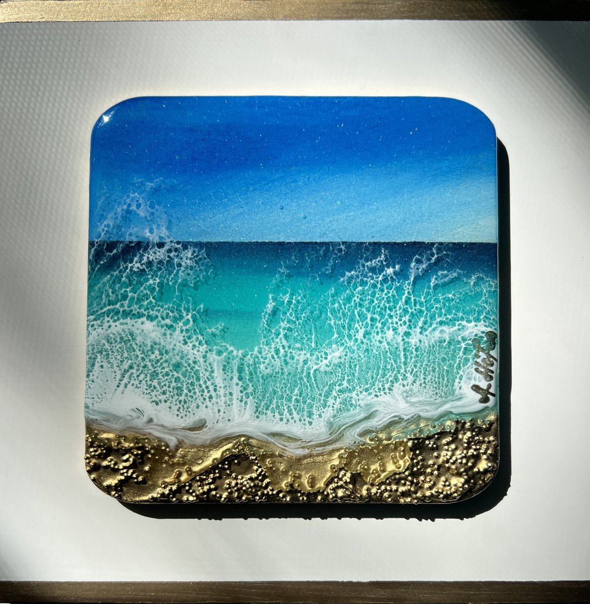 Little wave #7 - Miniature square painting by Ana Hefco
