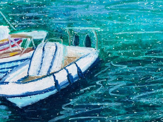 Sea Original Painting, Boats Oil Pastel Drawing, Greece Seascape Art, Blue Home Decor