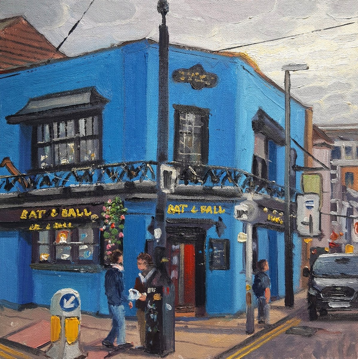 Impressionistic Cityscapes Painting By Roberto Ponte, 12 X 12", Bat And Ball Pub, Original Artwork