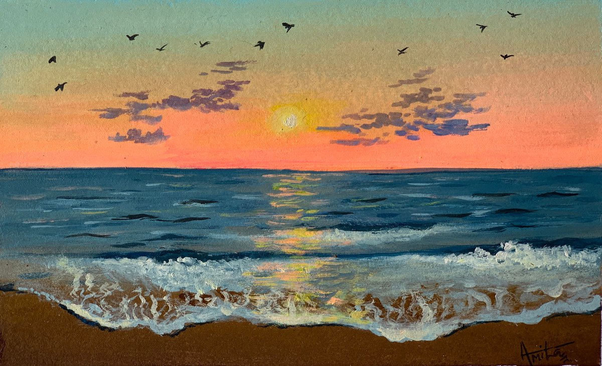 Beach Sunset ! A5 size ! acrylic painting on paper by Amita Dand