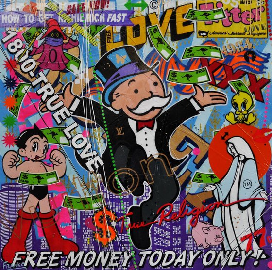 Free Money Free Love 120cm x 120cm Huge Texture Urban Pop Art Monopoly