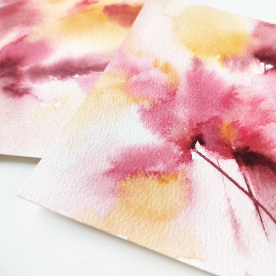 Pink flowers. Small watercolor floral painting set of 2