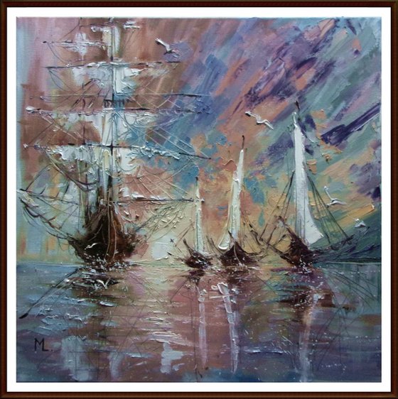 " THE FISHING  " SHIP BOAT SAIL original painting palette knife GIFT MODERN URBAN ART OFFICE ART DECOR HOME DECOR GIFT IDEA