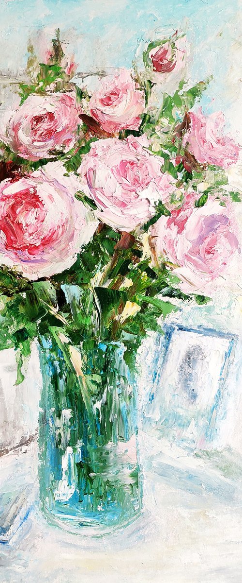 Roses Painting Original Art Pink Flower Bouquet Floral Wall Art by Yulia Berseneva