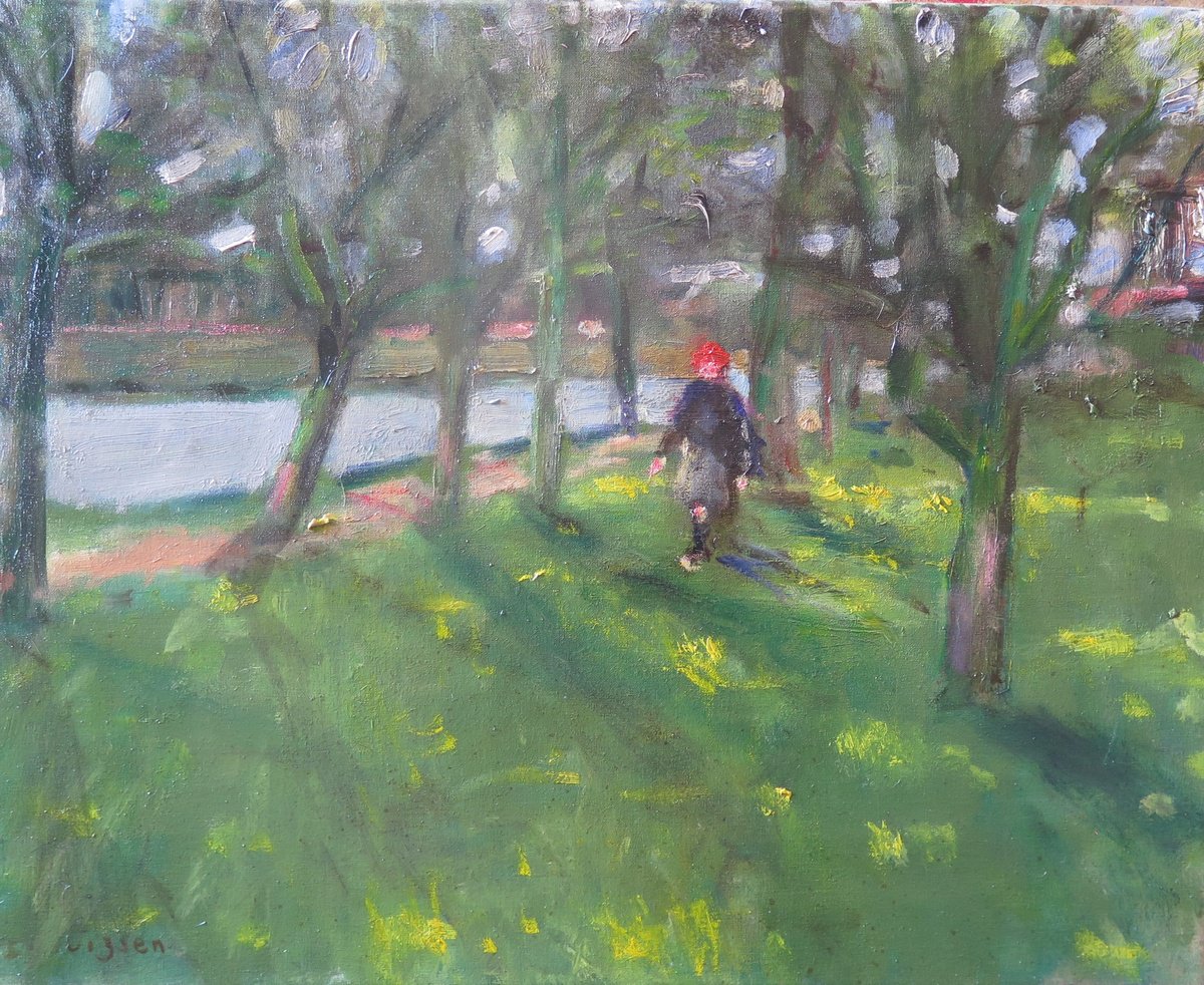 Impressionistic Landscape Oil Painting By Malcolm Ludvigsen, 26 X 19", River Walk, Original Artwork