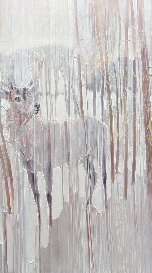 Winter Stag Appearance, a winter landscape with deer by Gill Bustamante