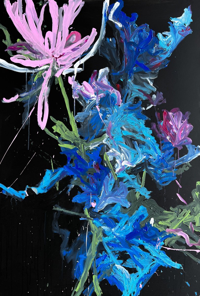 Abstract Acrylic Painting By Rosi Roys, 39 X 59", Blue Flower 5, Original Artwork