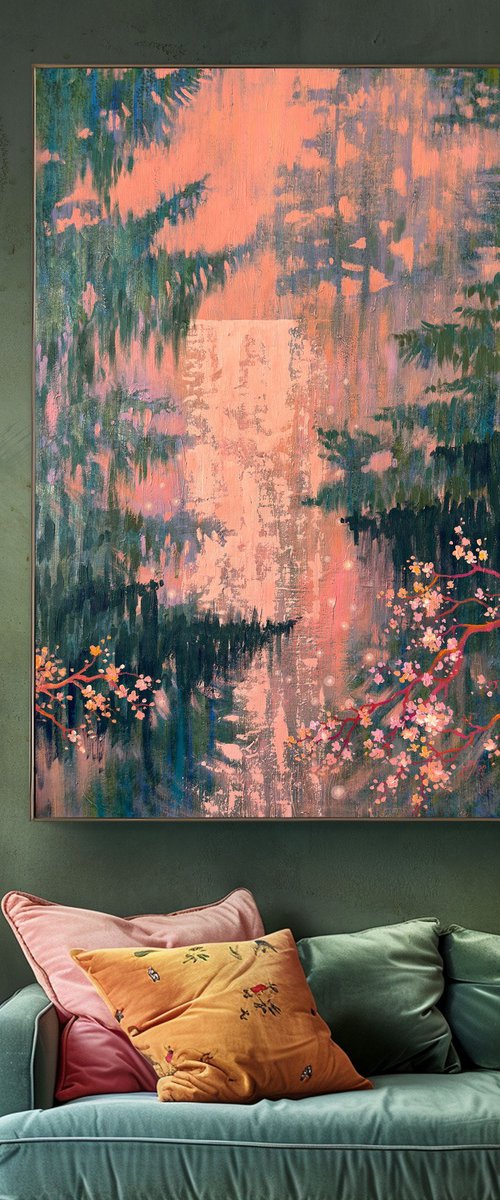 Waterfall among Coniferous Trees and Sakura by Ekaterina Prisich