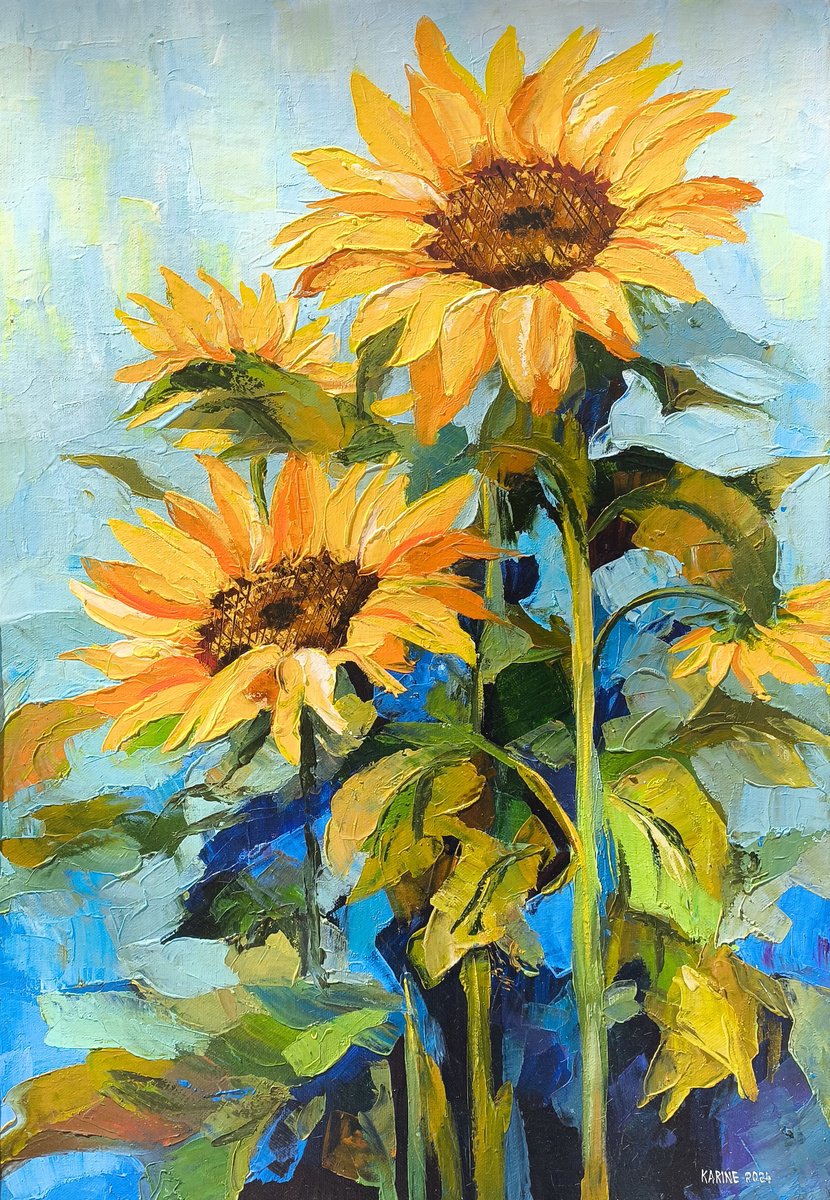Impressionistic Botanical Oil Painting By Karine Harutyunyan, 20 X 28", Joyful Sunflowers, Original Artwork