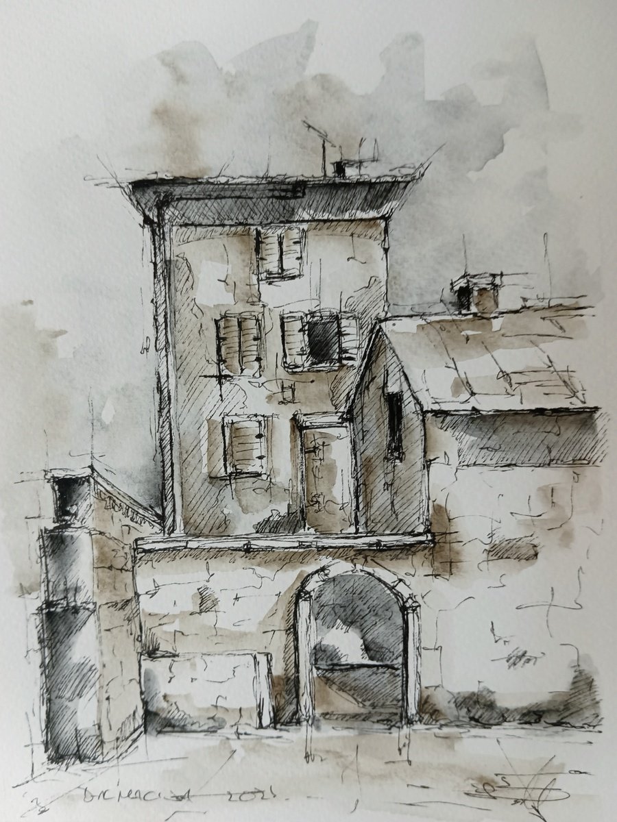 Old village watercolor and ink sketch. Urban sketching art by Marinko Saric