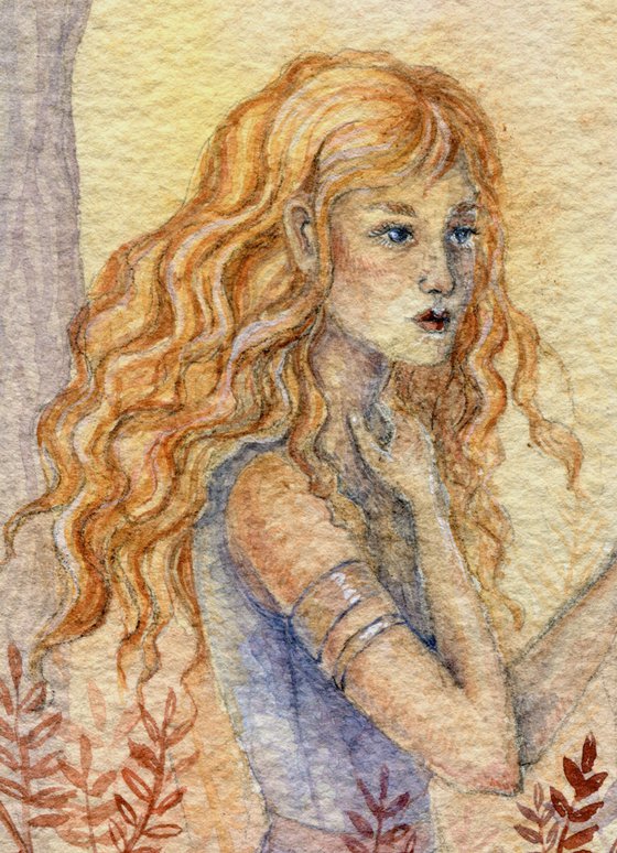 Wolf in trap and beautiful blond woman. Fairytale scene watercolor art.