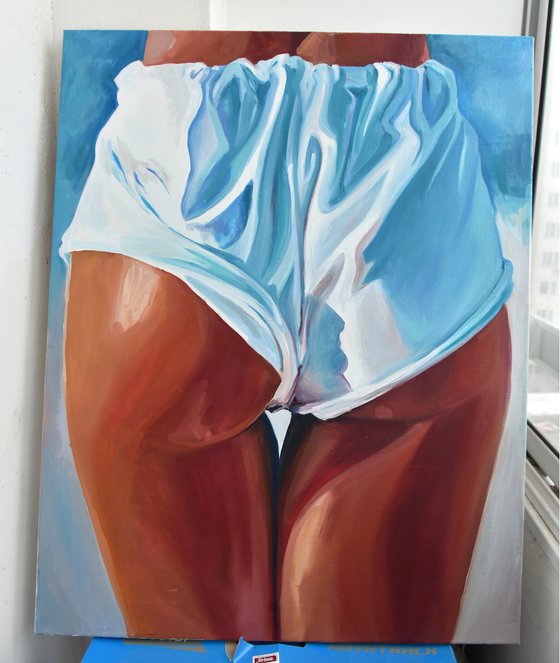 FRESH AND CLEAN - original painting sea swimming erotic art white blue shorts legs erotic art nude sexy pop art office interior home decore