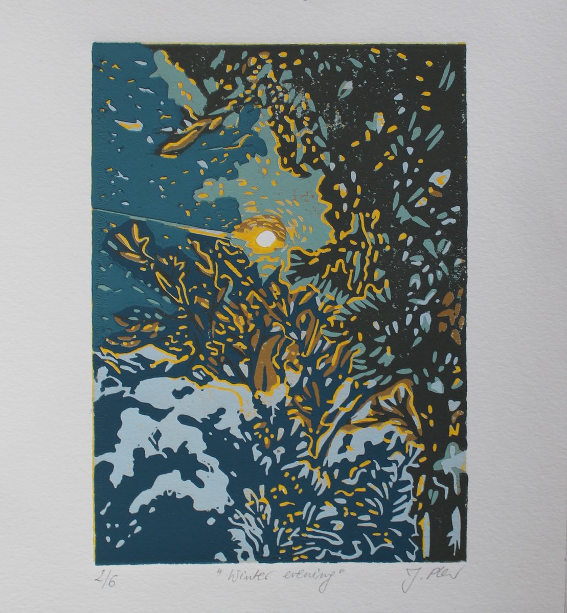 Graphic Linocut , Winter Evening By Joanna Plenzler, 9 X 10, Artwork For Sale On Artfinder