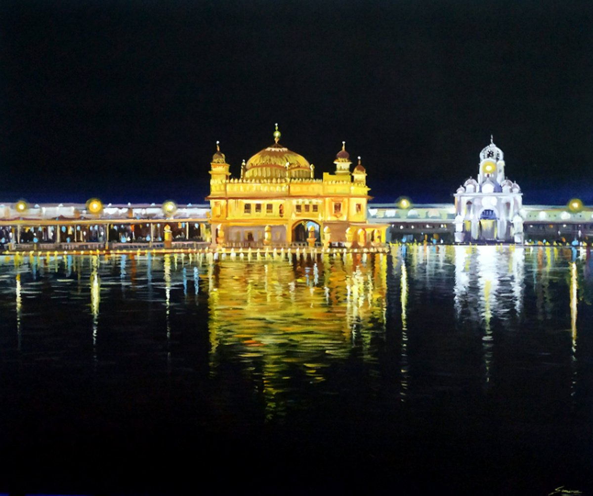 Impressionistic Cityscapes Acrylic Painting By Samiran Sarkar, 36 X 30", Evening Golden Temple, Original Artwork