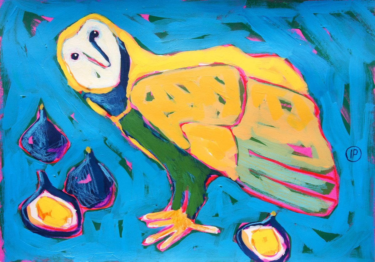 Impressionistic Animal Painting By Irina Plaksina, 12 X 8, Owl And Figs, Original Artwork