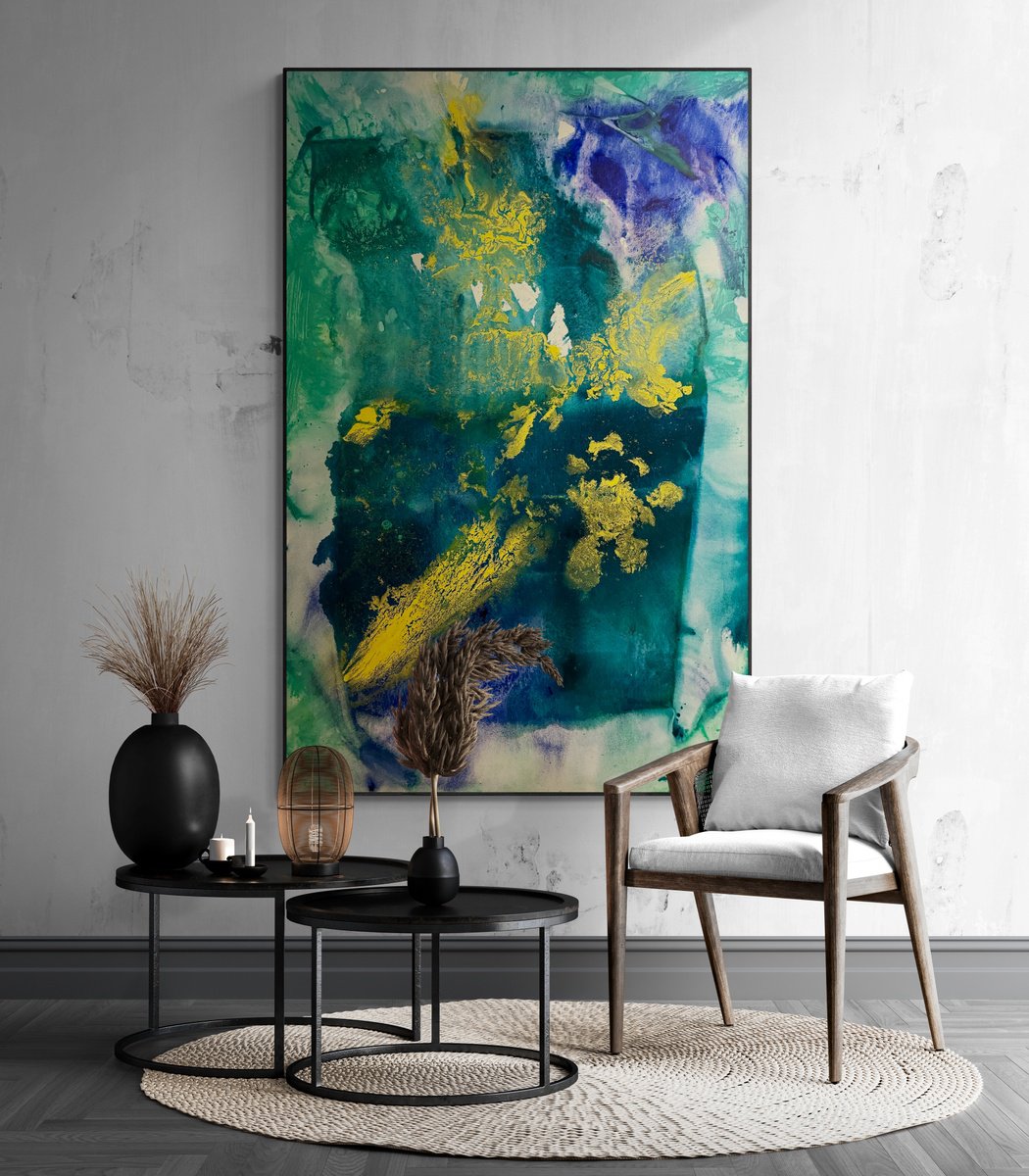 Abstract Acrylic Painting By Yaroslav Yasenev, 38 X 57", Green Lake, Original Artwork