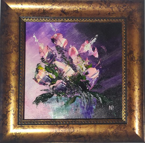 Abstract floral composition, original small framed oil painting gift idea, art for home by Nataliia Plakhotnyk