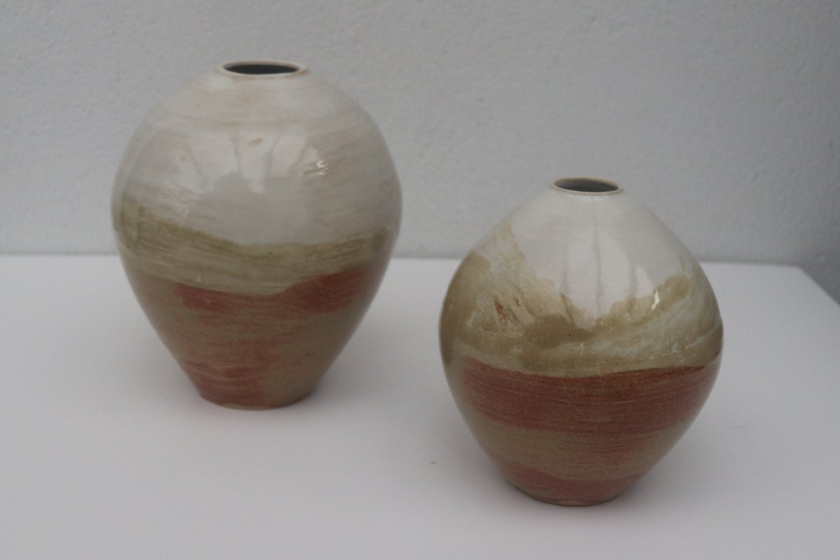 Geometric Abstract Clay Sculpture By Koen Lybaert, 6 X 5", Two White And Red Vessels, Original Artwork