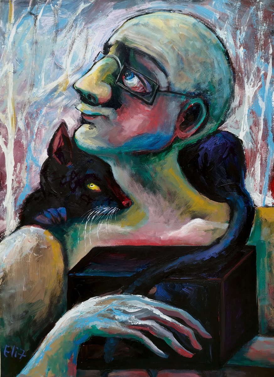 Expressive Portrait Acrylic Painting By Elisheva Nesis, 20 X 28, Black Box, Original Artwork