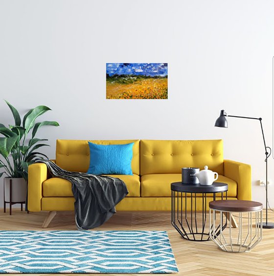 Ukraine Painting Landscape Original Art Sunflower Field Oil Impasto Artwork Ukrainian Sky Home Wall Art 20 by 12 inches