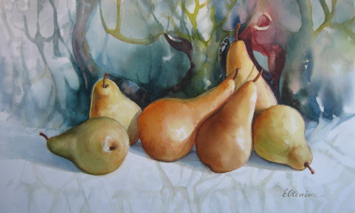Impressionistic Still Life Watercolour By Elena Oleniuc, 22 X 13, Still Life With Pears, Original Artwork