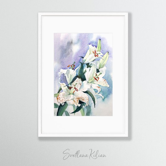 White Lilies on Blue