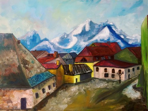 Slovak Original Oil Painting on Canvas Kežmarok. Mountain Town. by Kate Grishakova
