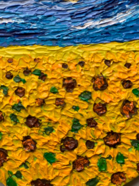 Van Gogh starry night Sunflower field! Impasto painting on round canvas! Ready to hang