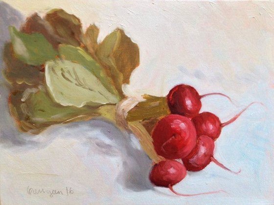 Bunch of Red Radishes Still Life Oil Painting on Canvas Board