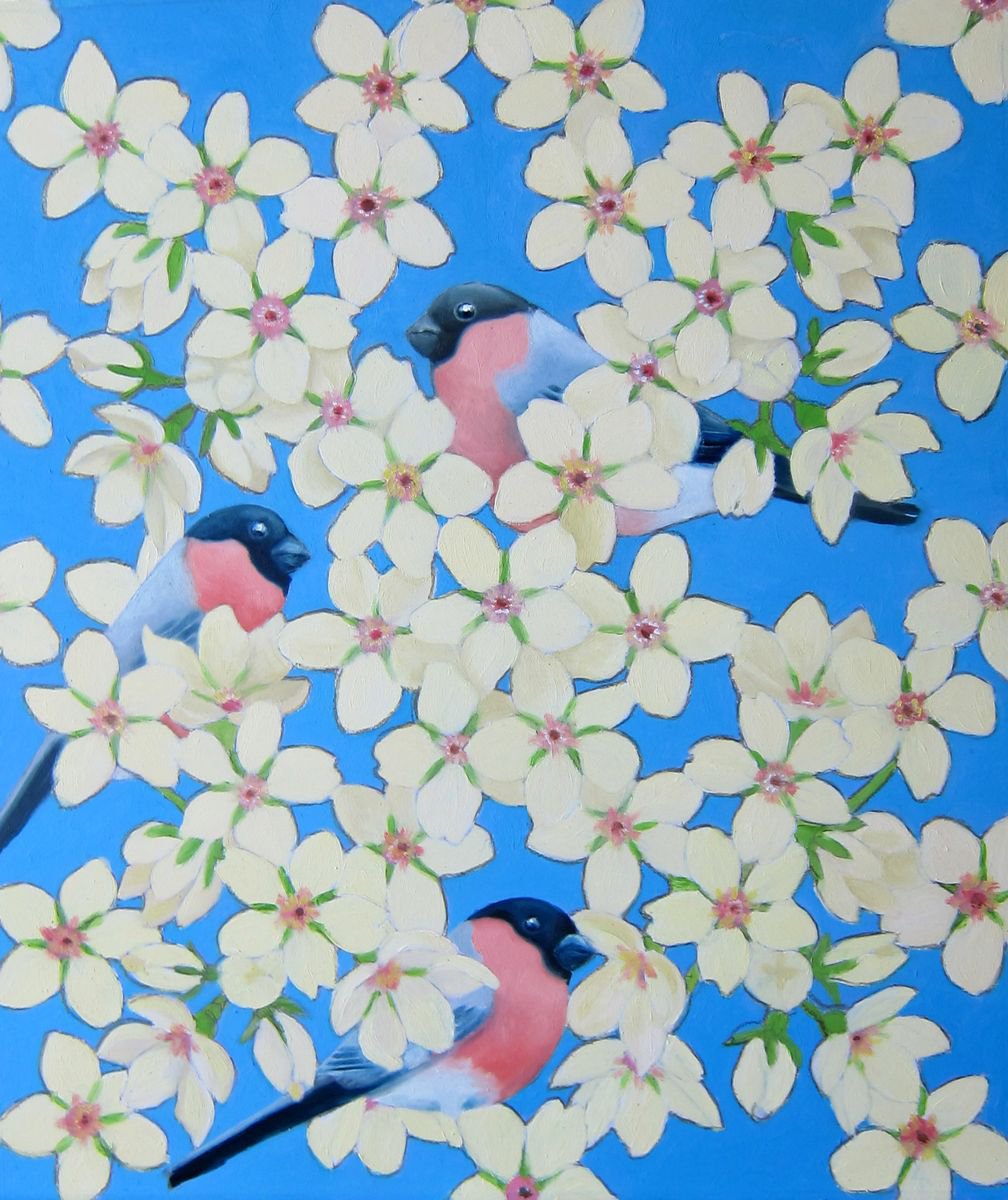 Cherry blossom and bullfinches by Sophie Colmer-Stocker