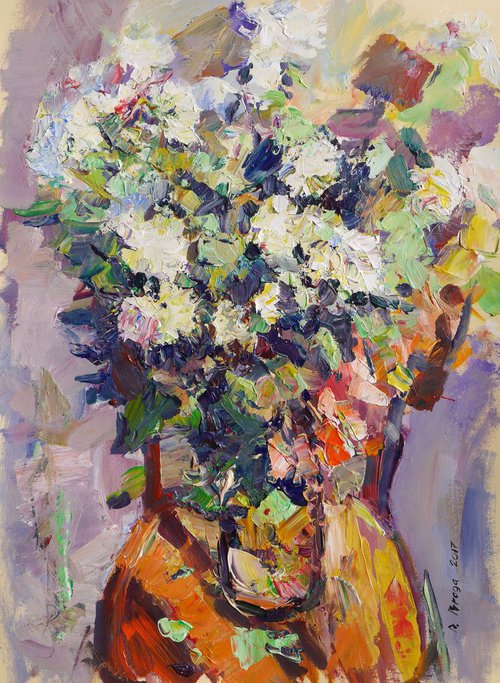 Still life with white chrysanthemums by Dima Braga