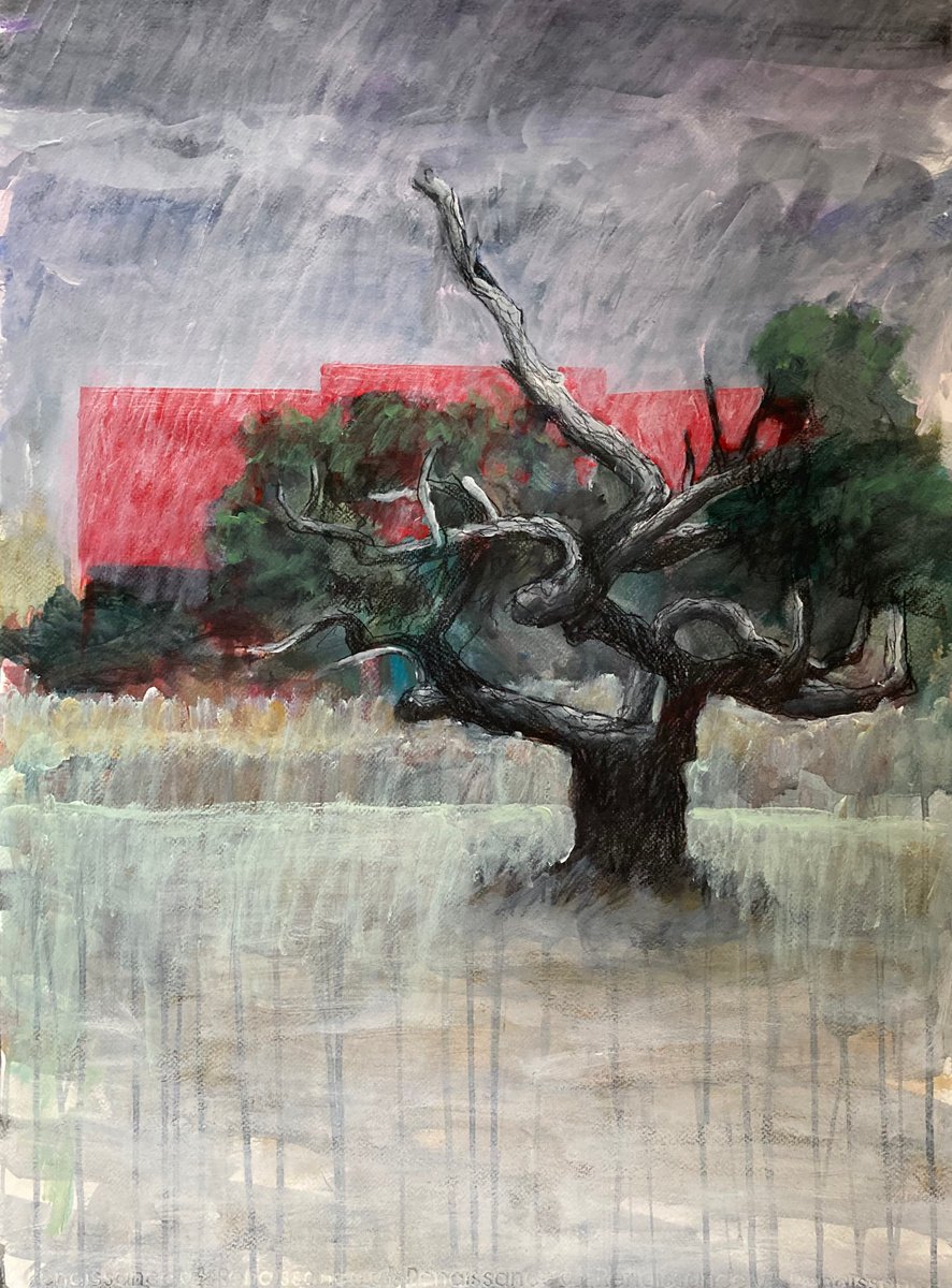 Impressionistic Landscape Acrylic Painting By John Cottee, 22 X 30, Tree, Roof, Rain, Original Artwork
