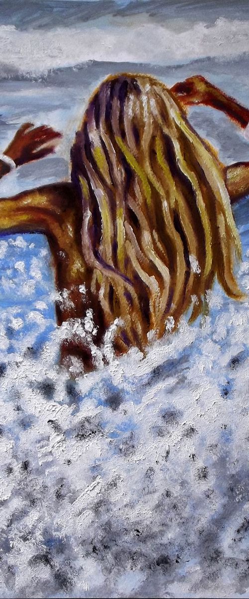 SEASIDE GIRL - THE SPLASHING WAVES - Thick oil painting - 29.5x42cm by Wadih Maalouf