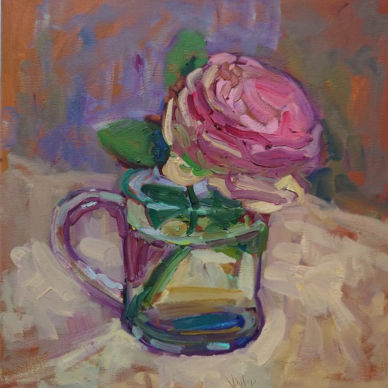Pink Rose in Glass Mug